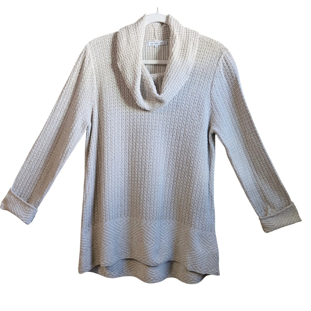 Eight Eight Eight Womens L Lagenlook Beige Cotton Waffle Knit Cowl Neck Sweater